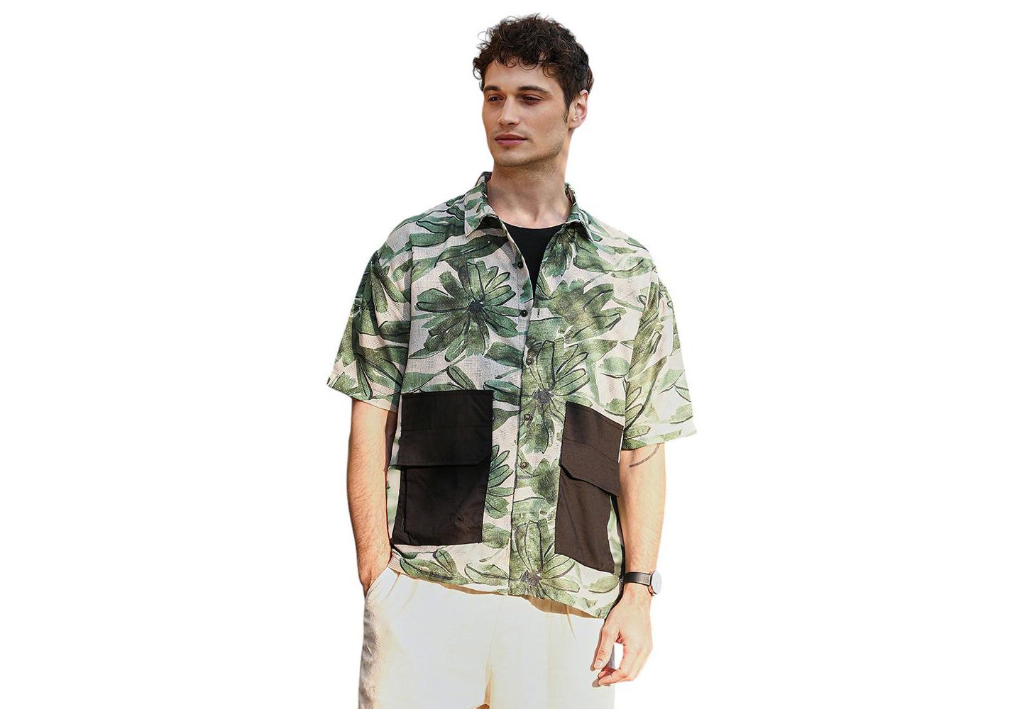 Мужская рубашка Cahoot Campus Sutra Jungle Green & Ivory White Flora-Stroke Oversized, цвет: Белый — фото 2