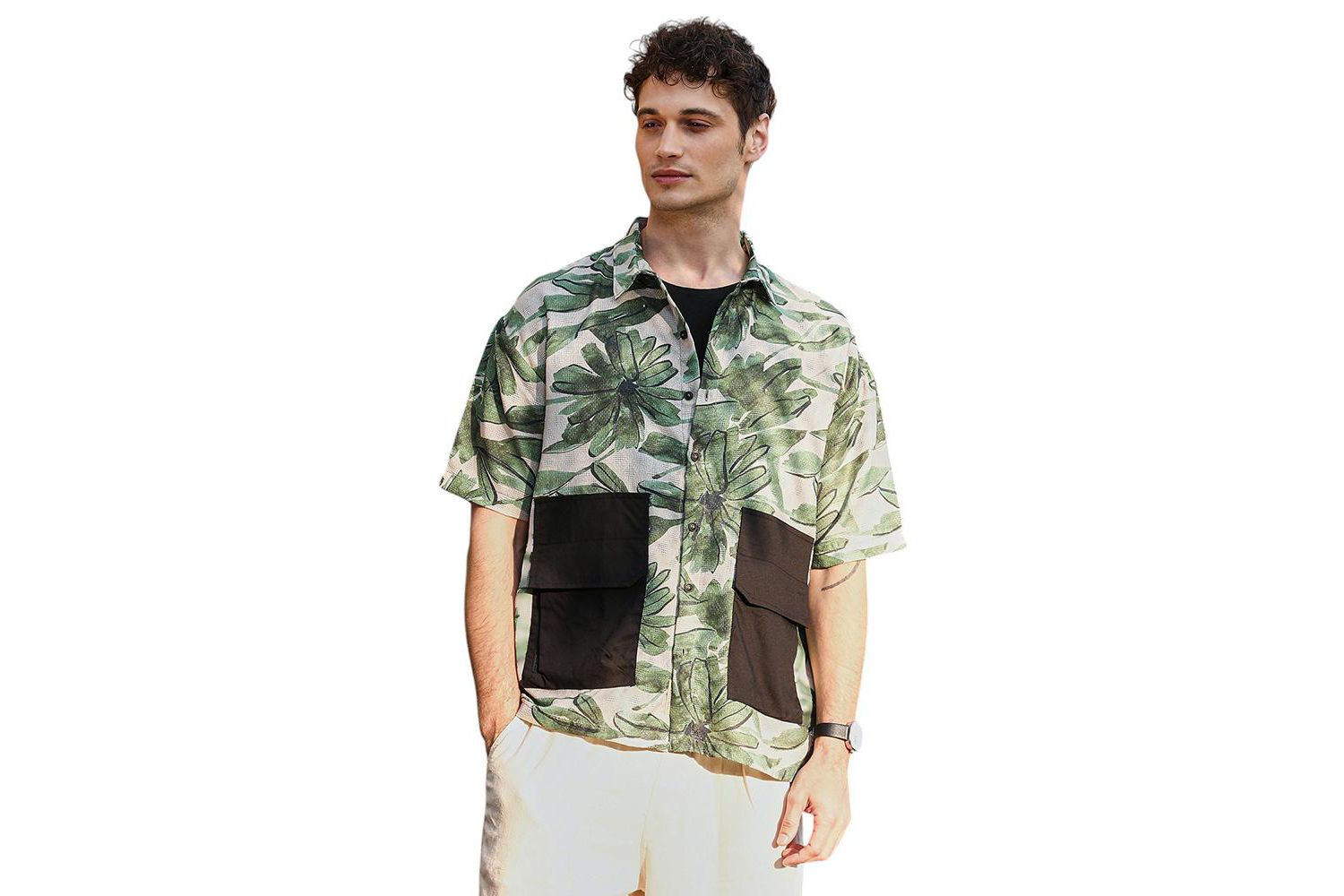Men's Jungle Green & Ivory White Flora-Stroke Oversized Shirt