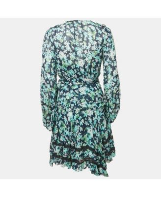 Women's Blue Floral Print Crepe Ruffled Wrap Mini Dress