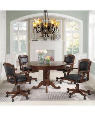 Tobacco Finish Reversible Game Table with cup holders, carved pedestal, velvet surface, converts dining to gaming.