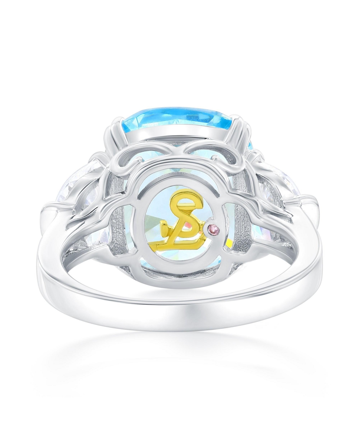 Suzy Levian Gala Collection Sterling Silver Elongated Cushion Firework Cut Cubic Zirconia Three Stone Ring