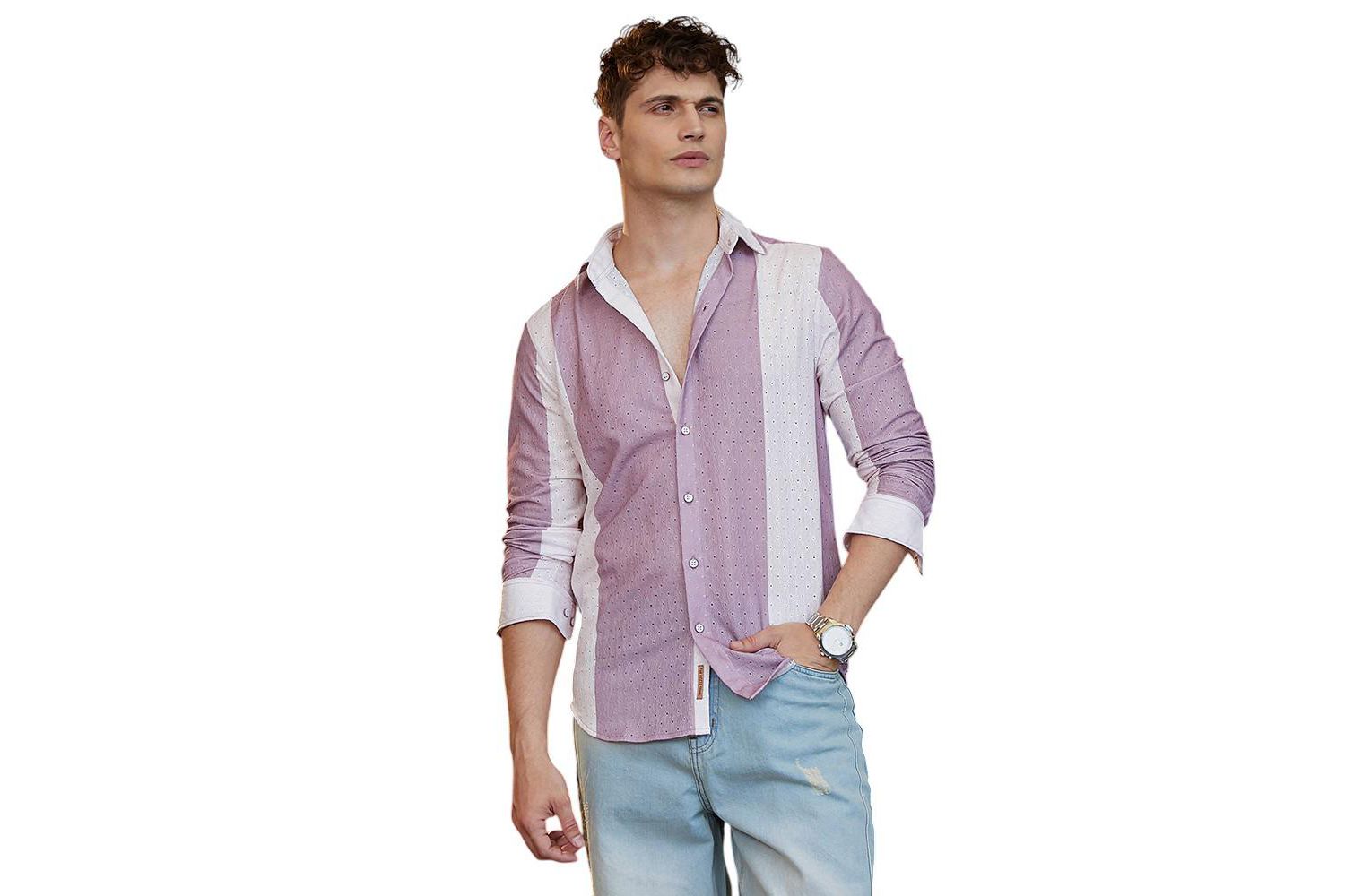 Men's Mauve Purple & Daisy White Panel-Tactile Shirt