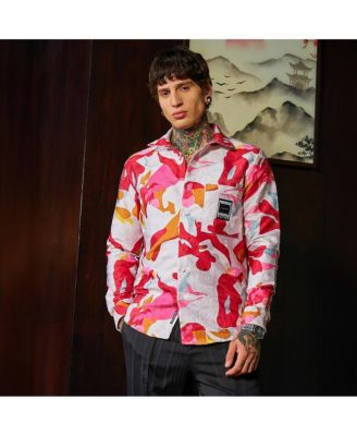 Men's Cream White & Scarlet Red Floral-Tactile Relaxed Shirt