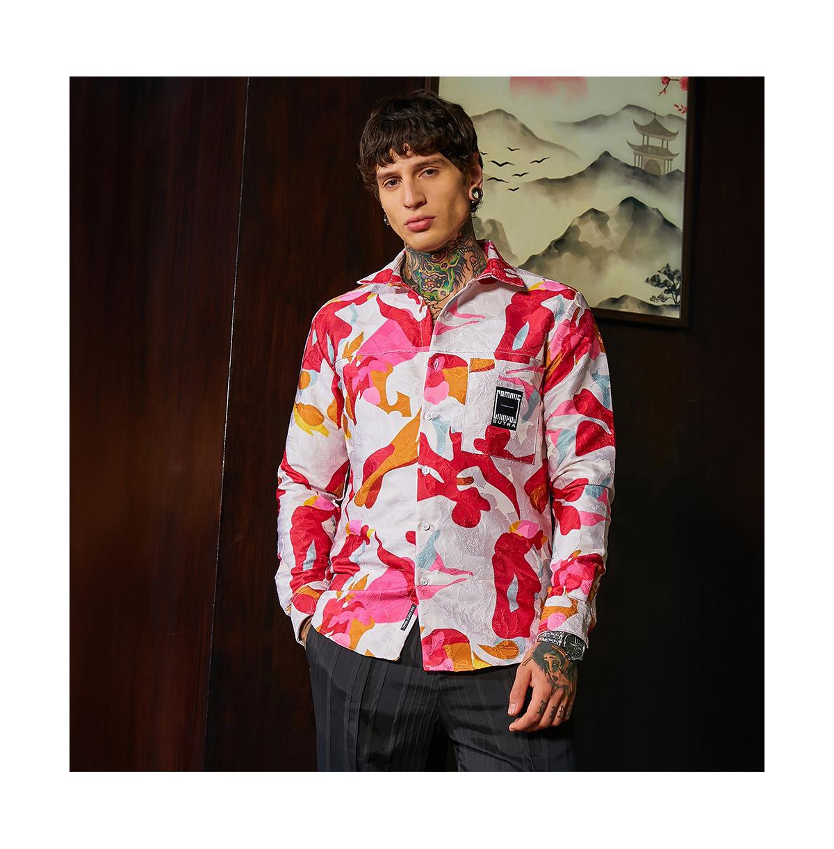 Campus Sutra Men's Cream White & Scarlet Red Floral-Tactile Relaxed Shirt