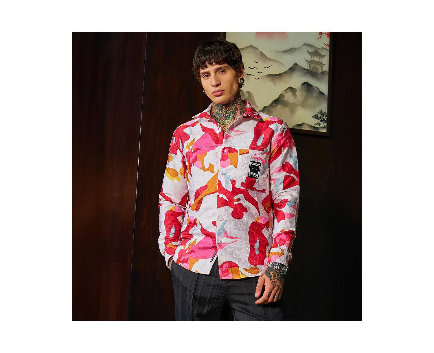 Men's Cream White & Scarlet Red Floral-Tactile Relaxed Shirt