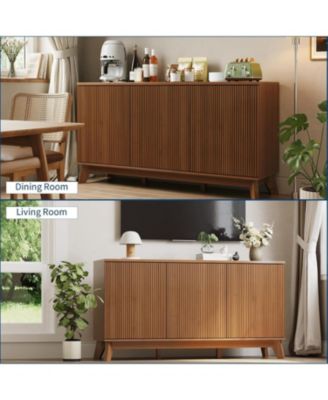 58" Modern Farmhouse Buffet Cabinet with Curved Doors & Adjustable Shelves - Wood Storage Sideboard for Dining Room, Walnut Wood Color