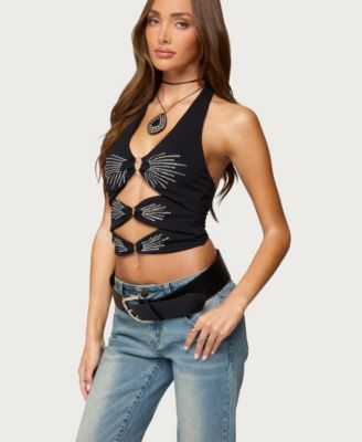 Women's Lettie Rhinestone Cut Out Halter Top