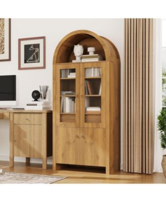 71" Tall Arched Kitchen Pantry Cabinet, Modern Farmhouse Kitchen Storage Cabinets with Open & Adjustable Shelves, Hidden Drawer & Glass Door