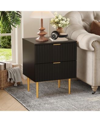 2pcs Modern Nightstand with 2 Drawers, Golden and Wood Fluted Night Stand with Charging Station, Bedside Table with USB Ports and Outlets.