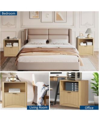 2pcs Nightstands, Fluted Nightstand with Drawer and Storage, End Table Mid Century Modern, Wooden Nightstand for Bedroom Sofa Office,Oak