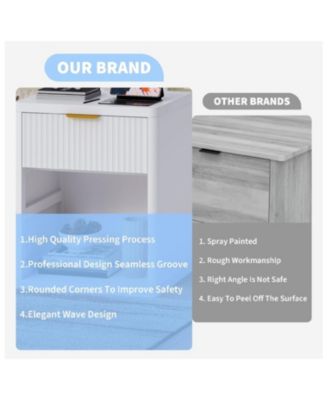 Fluted Nightstand with Charging Station, Bedside Table with Drawers and Open Storage Space, Mid Century Modern End Table