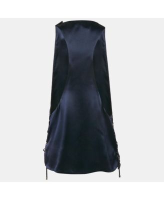Women's Navy Blue Satin Silk Lace-Up Detail Sleeveless Top