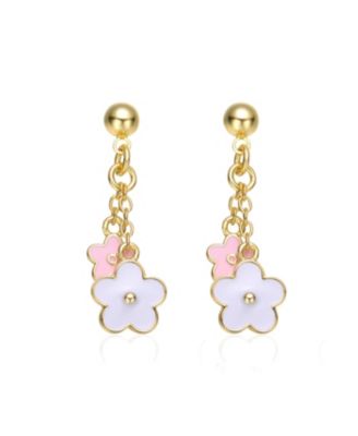 Kids 14k Yellow Gold Plated Flower Enamel Drop Earrings