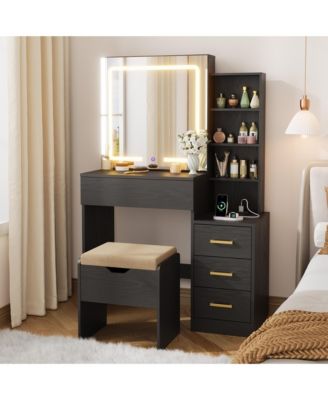 Vanity Desk with Sliding Mirror and Lights, Modern Makeup Vanity Table with 4 Drawers and 7 Storage Shelves