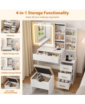 Vanity Desk with Sliding Mirror and Lights, Modern Makeup Vanity Table with 4 Drawers and 7 Storage Shelves