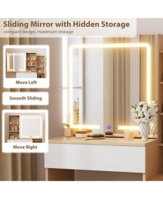 Vanity Desk with Sliding Mirror and Lights, Modern Makeup Vanity Table with 4 Drawers and 7 Storage Shelves