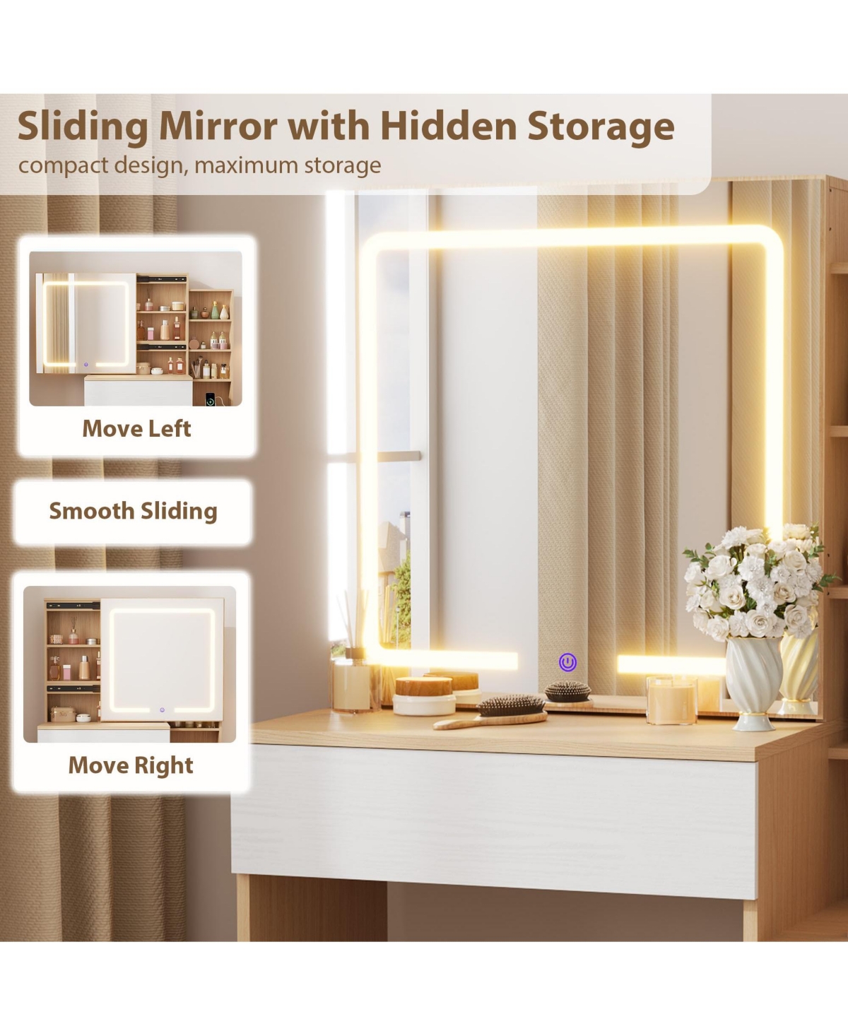 gaomon Vanity Desk with Sliding Mirror and Lights, Modern Makeup Vanity Table with 4 Drawers and 7 Storage Shelves