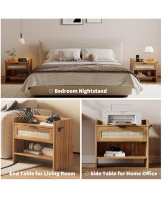 Rattan Nightstand, Bedside Table with Type-C Charging Station - 1 Storage Drawer & Open Storage Space, Boho End Table Side Table