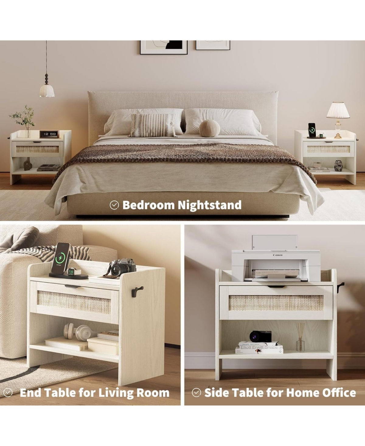 gaomon Rattan Nightstand, Bedside Table with Type-c Charging Station - 1 Storage Drawer & Open Storage Space, Boho End Table Side Table