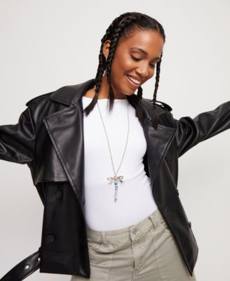 Long Sterling Silver Plated and Green Crystal Dragonfly Necklace