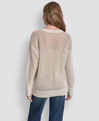 Women's Long-Sleeve V-Neck Open Stitch Lurex Sweater With Logo Charm