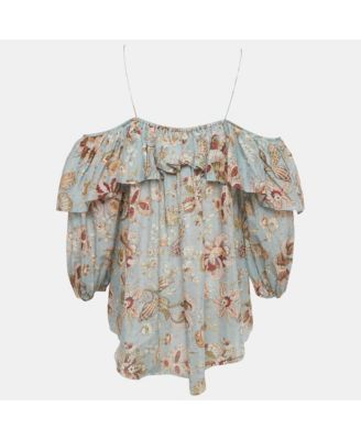 Women's Blue Floral Print Cotton Ruffled Blouse