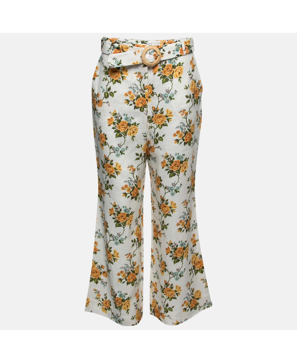 Pre-Owned Zimmermann Women's White Floral Printed Linen Belted Straight Pants