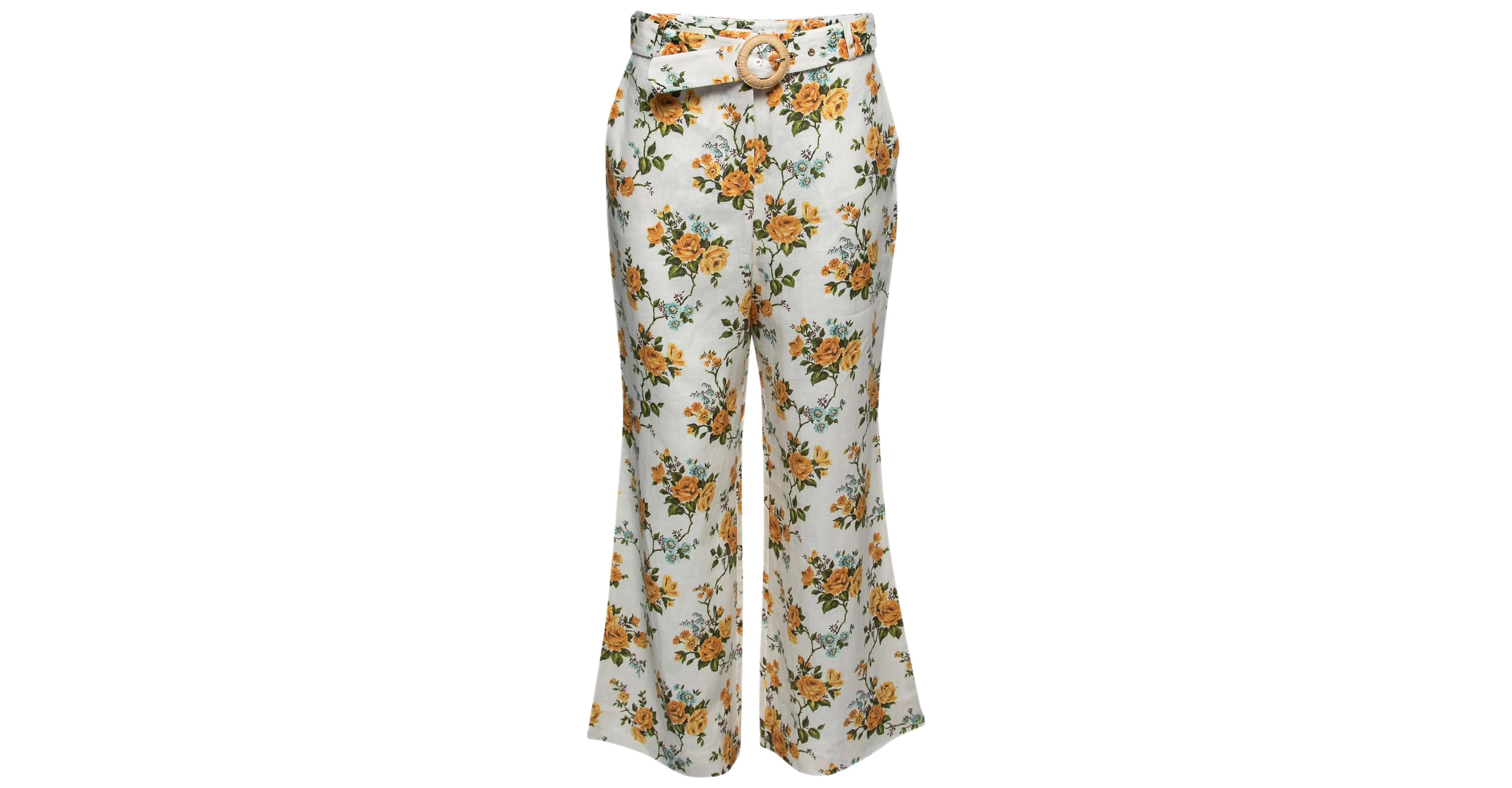 Pre-Owned Zimmermann Women's White Floral Printed Linen Belted Straight Pants