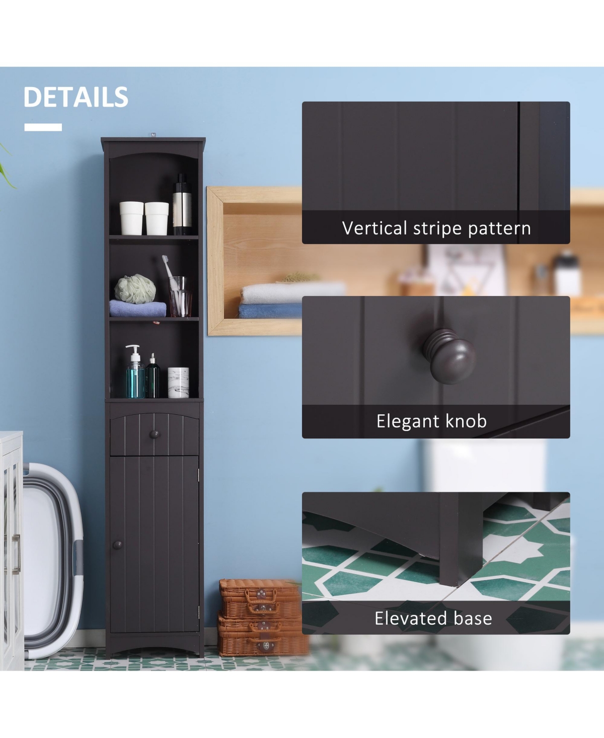 Homcom Bathroom Storage Cabinet Tall Free Sding Linen Tower w/ 3-Tier Shelf