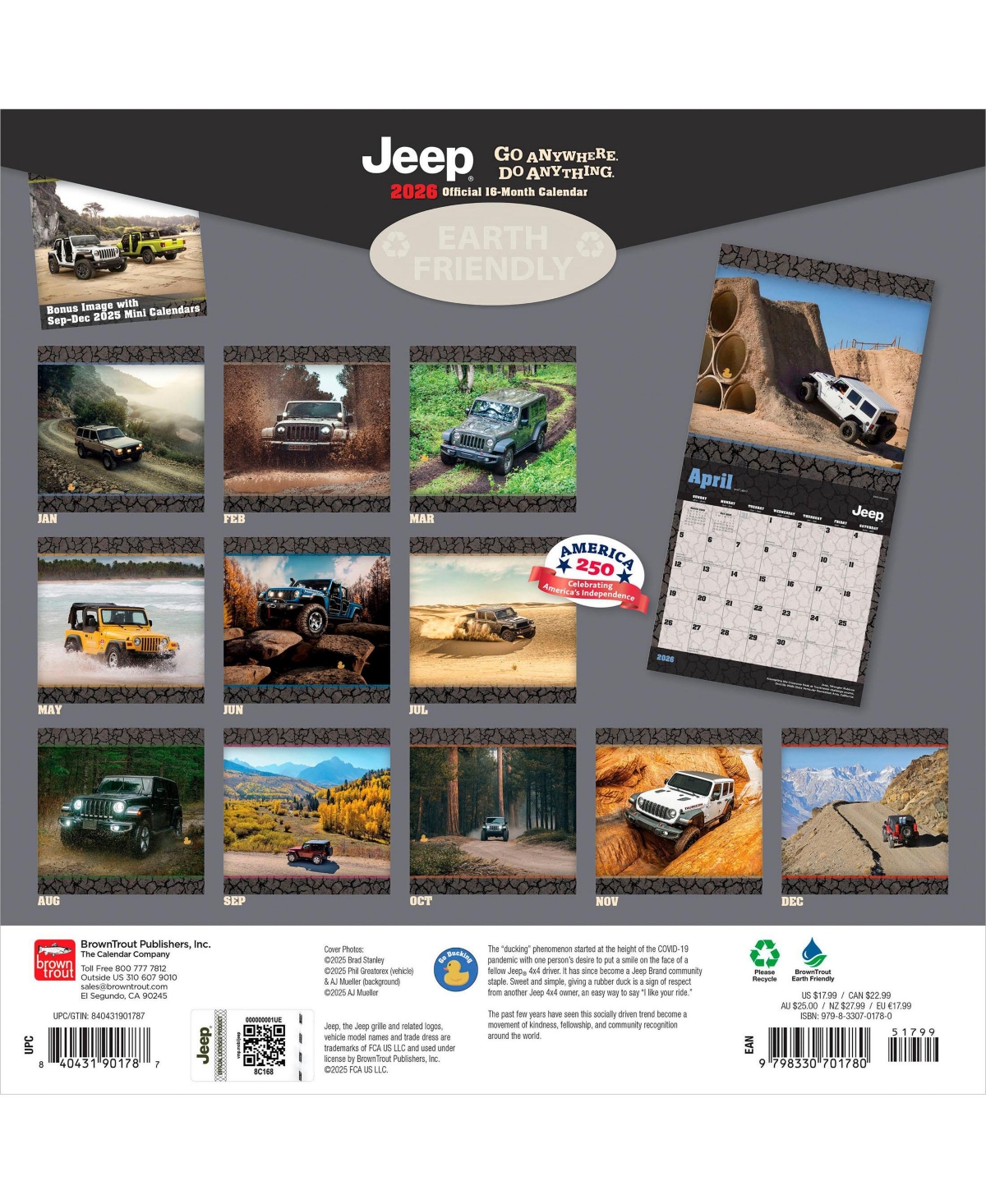 BrownTrout Jeep Official | 2026 12 x 24 Inch (Hanging) Monthly Square Wall Calendar | Plastic-Free