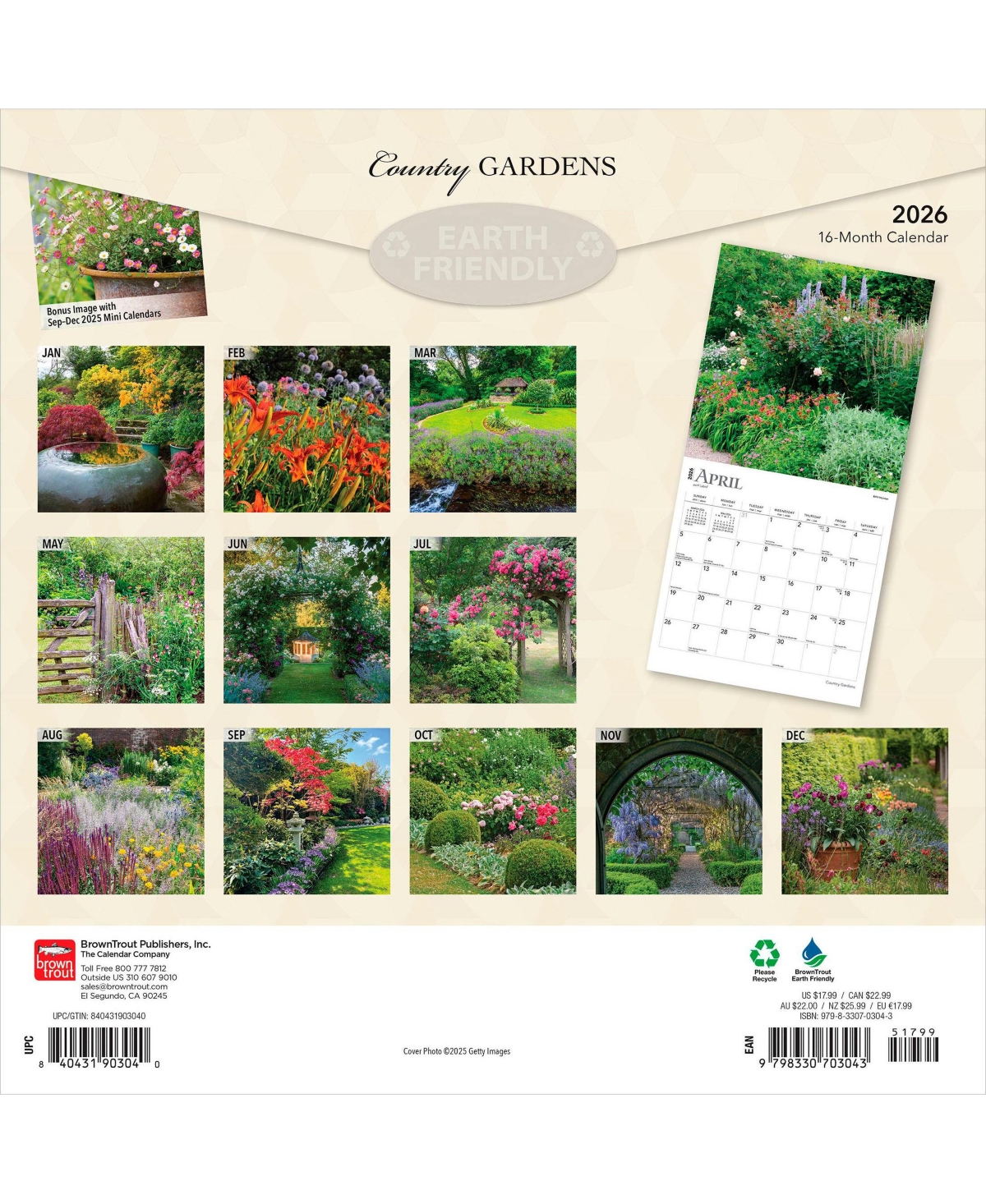 BrownTrout Country Gardens | 2026 12 x 24 Inch (Hanging) Monthly Square Wall Calendar | Plastic-Free