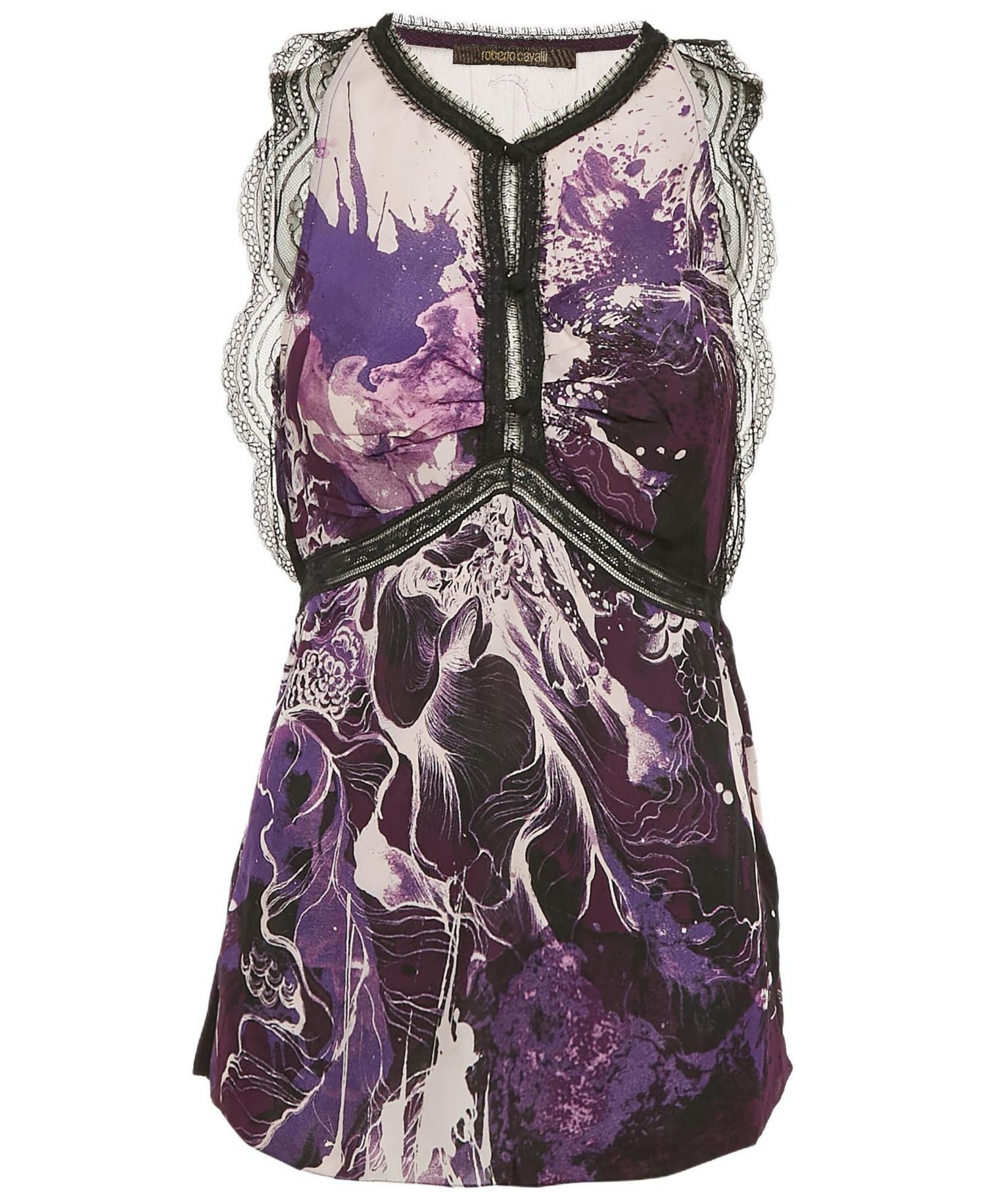 Women's Purple/multicolor Printed Lace Trim Detail Top