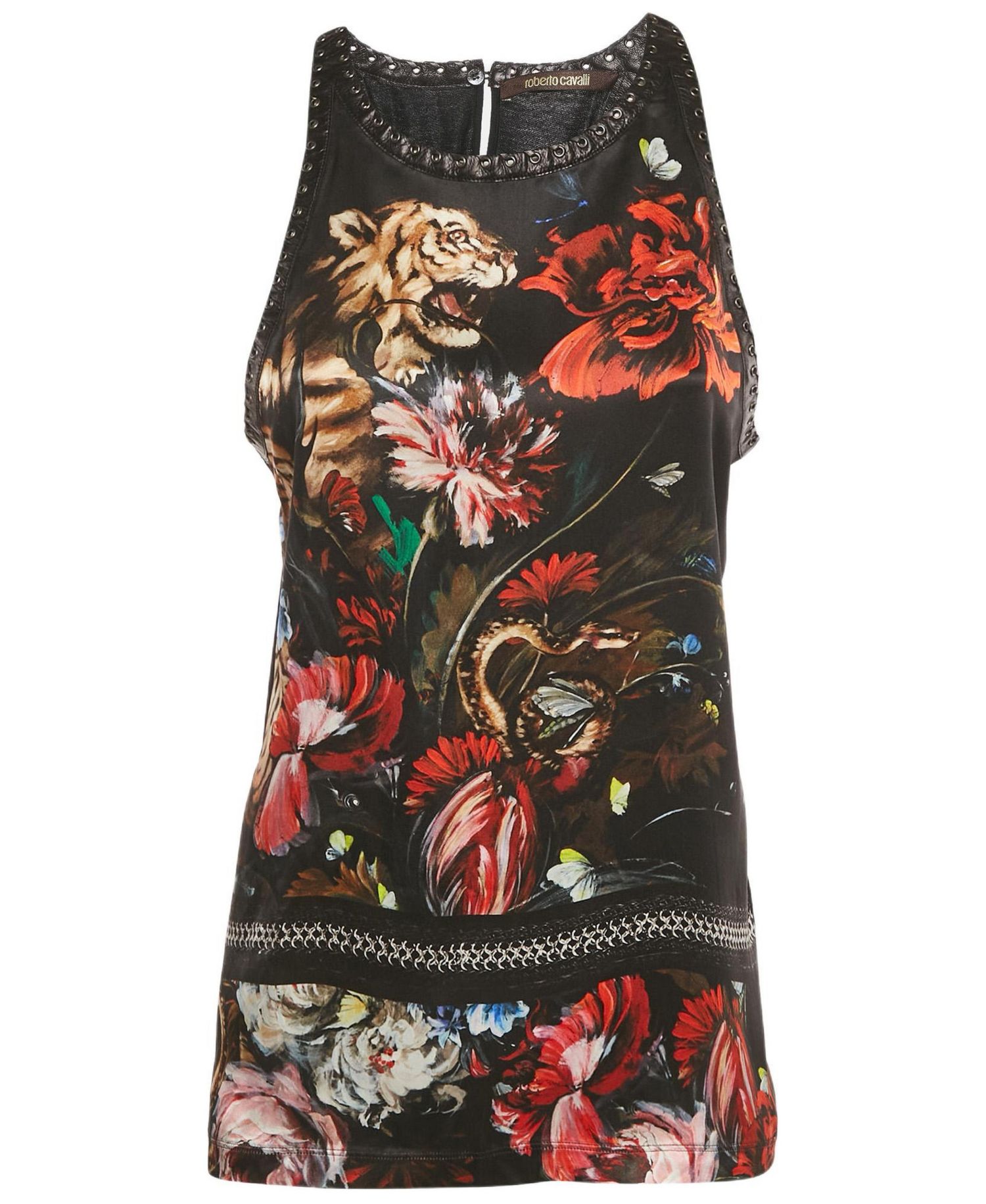 Women's Floral Print Silk Lace-Up Leather Tank Top