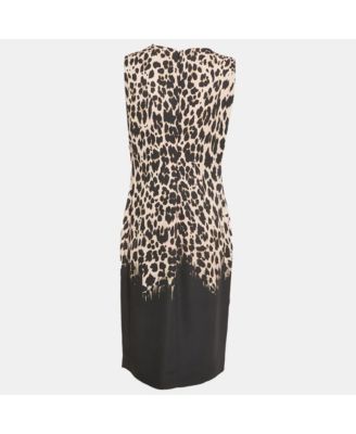 Women's Black Leopard Print Crepe Sleeveless Midi Dress
