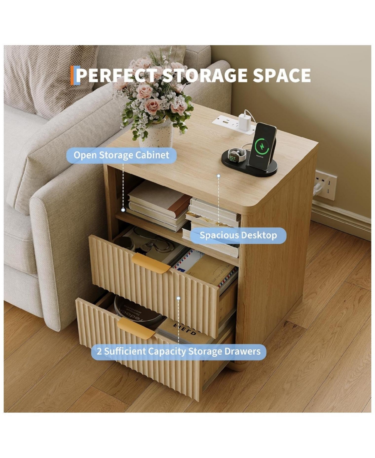 gaomon Fluted Nightstand Set of 2, Bedside Table Built-in Charging Station, Featuring 2 Drawer & Open Storage Space, Mid Century Modern Night Stand