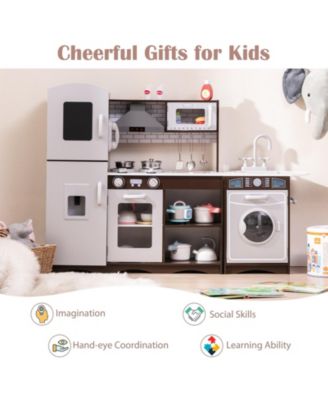 Interactive Corner Toy Kitchen Set with Light, Sounds, and Storage Cabinets - Dark Brown