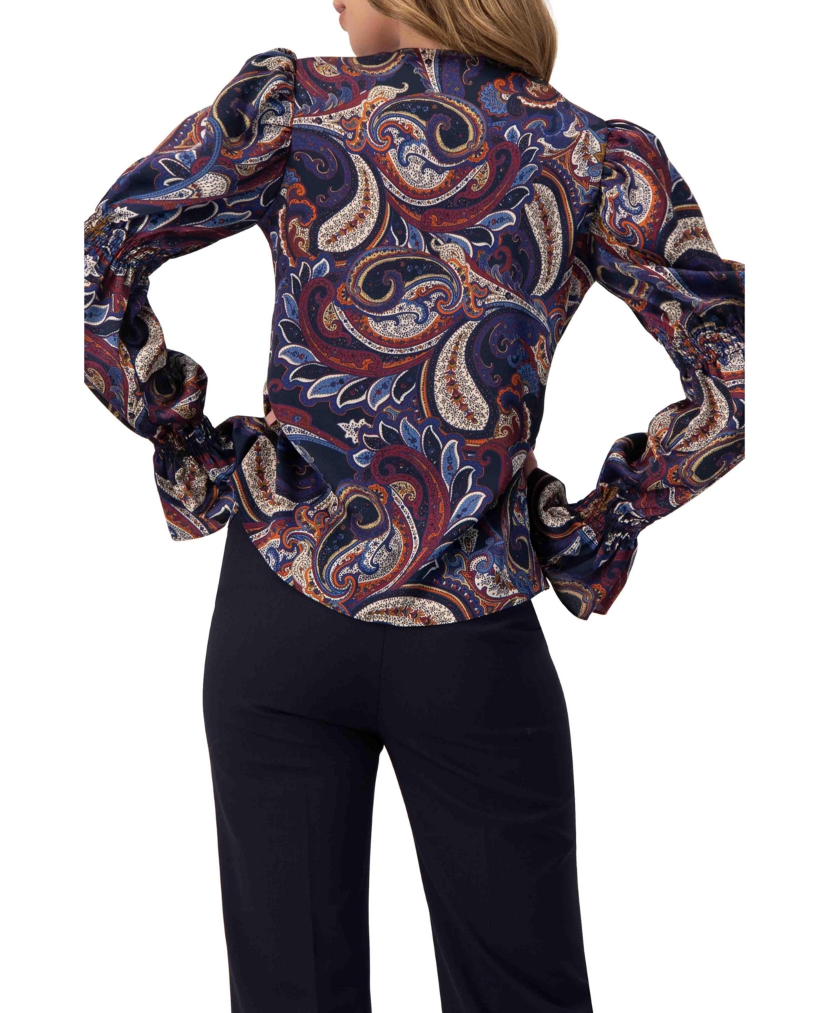 Ivonne Women's V-Neck Printed Shirt With Smocked Sleeves