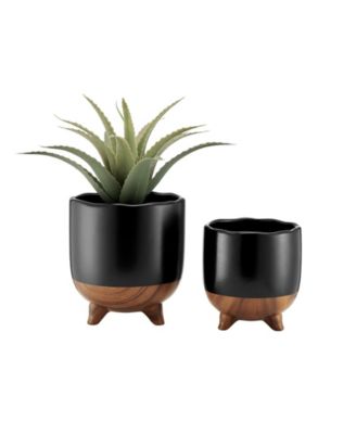 Milo Mortar Two Tone Flower Pot Planter Cachepot Set of 2 Sizes - Black and Walnut