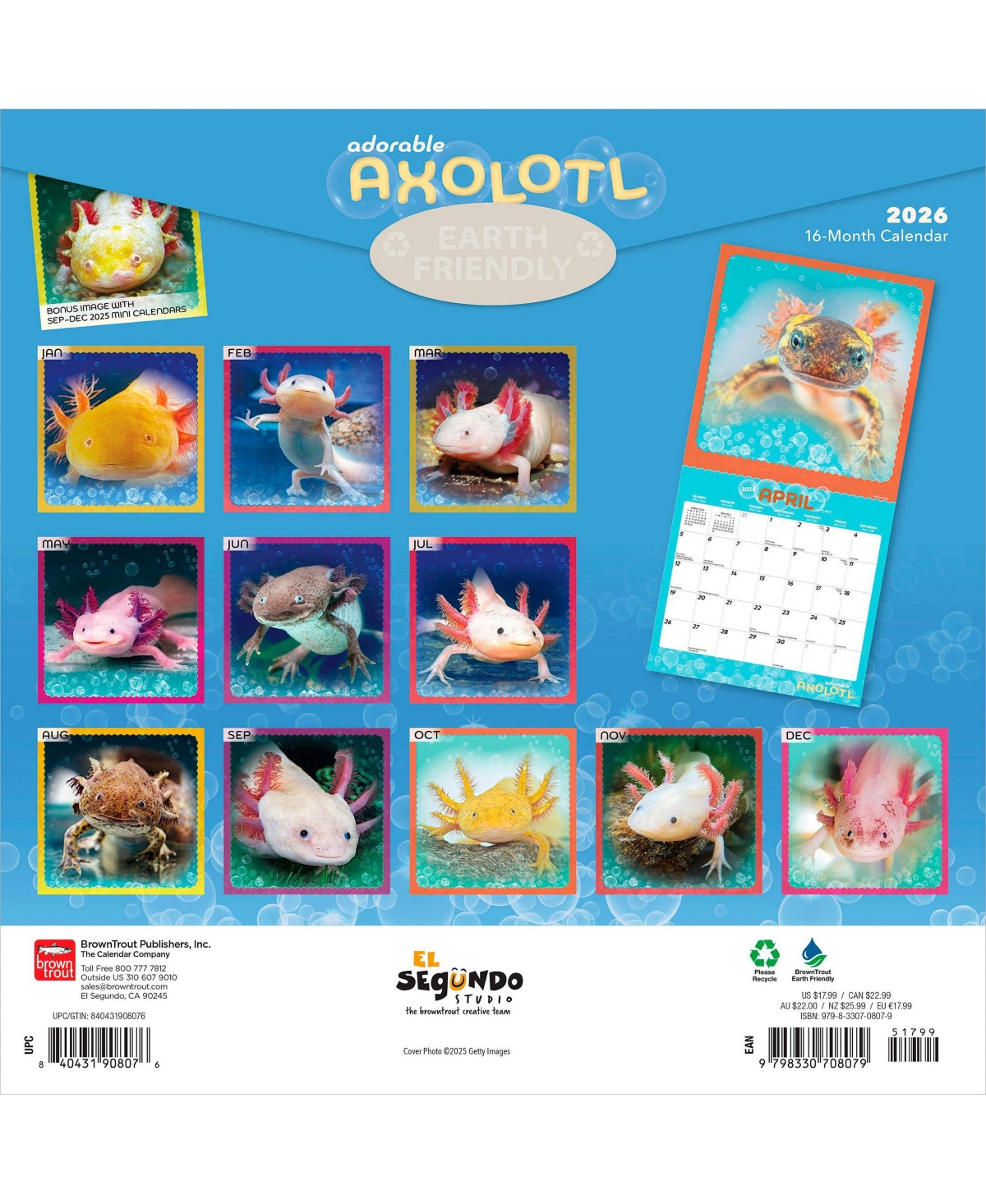 Adorable Axolotl | 2026 12 x 24 Inch (Hanging) Monthly Square Wall Calendar | Plastic-Free