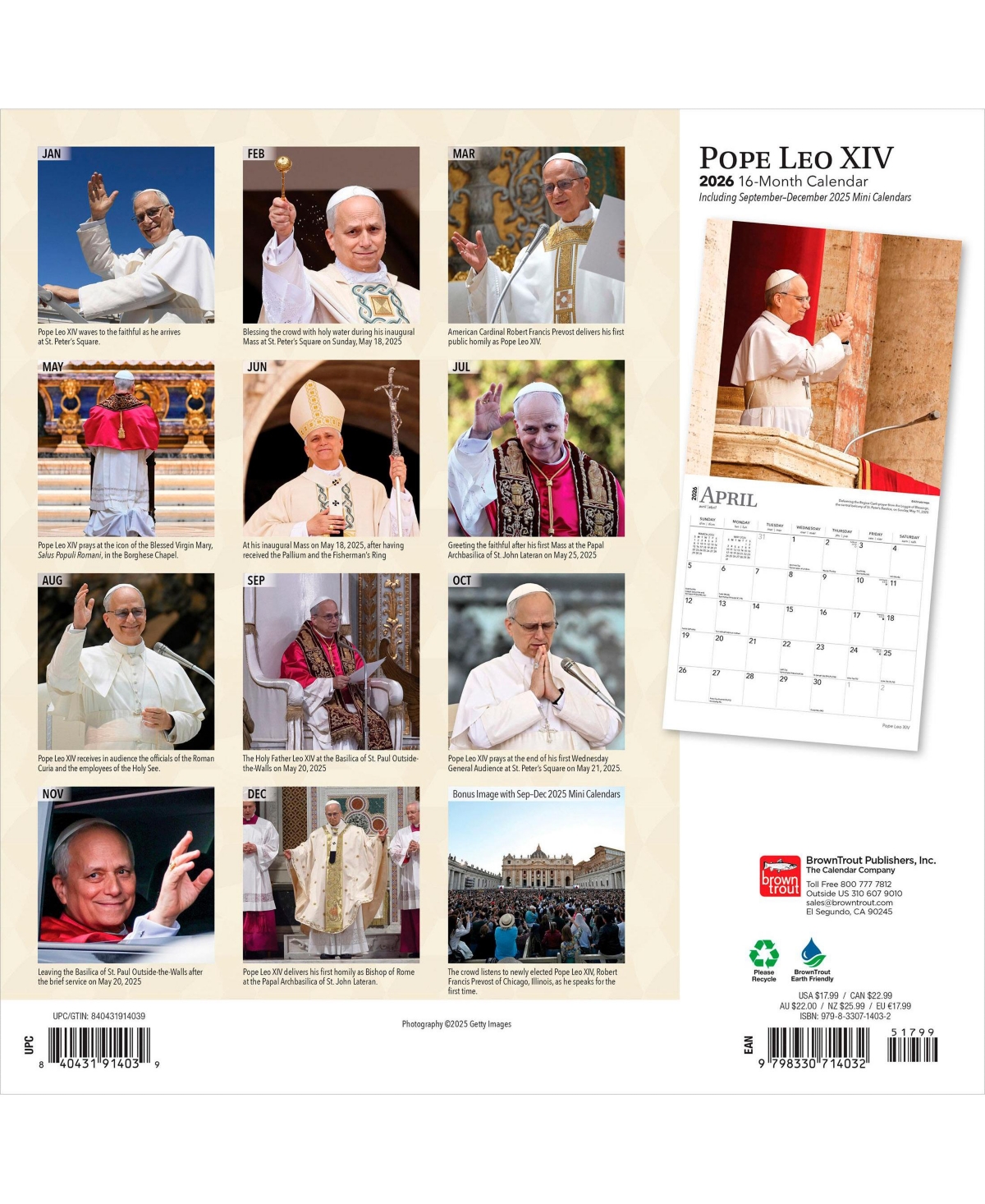 BrownTrout Monthly Hanging Square Wall Calendar, 12 x 24 Inch, Pope Leo Xiv 2026