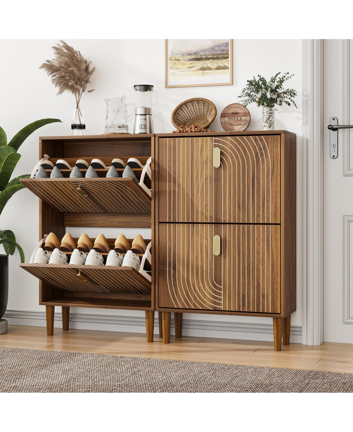 sumyeg Modern Storage Cabinet With Shoe Cabinet with 2 Gold Flip Drawers