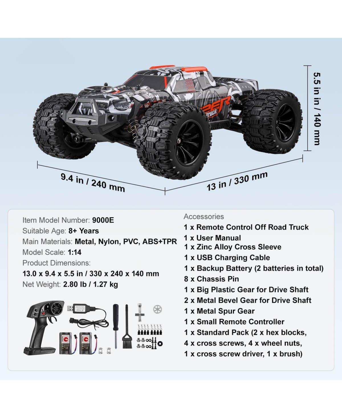 Mecale Remote Control Car, 1:14 4WD Off-Road Monster Truck 38 km/h, Wheelie Stunt Rc Car with 2 Batteries, Racing Gift for Kids 8