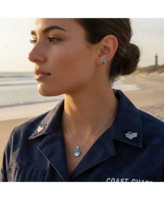 Nautical Created Blue Opal Conch Pendant Necklace & Crab Stud Earrings Jewelry Set Sterling Silver