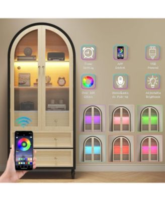 70" Arched Pantry Cabinet with LED Lights, 3 Drawers, Adjustable Shelf & Glass Doors, Black & Oak