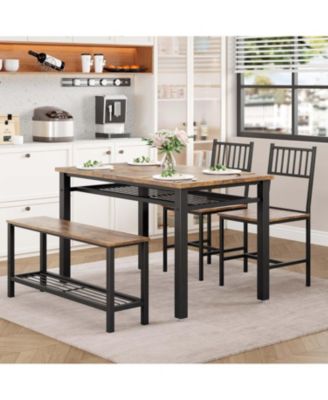 Modern Kitchen Table Chairs Set Dining Table Set for 4 with Bench and Chairs,Kitchen Table Set with Storage Rack&Metal Frame