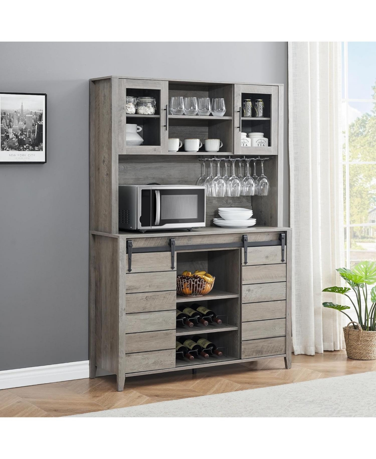 gaomon 70" Farmhouse Bar Cabinet with Sliding Barn Door, Storage Shelves, Wine and Glass Rack, Sideboard for Kitchen and Dining Room, Gray
