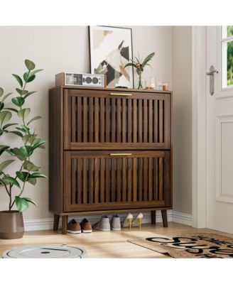 CASAINC Medieval Modern Walnut Shoe Storage Cabinet With 2 Flip Drawers and Fence Design