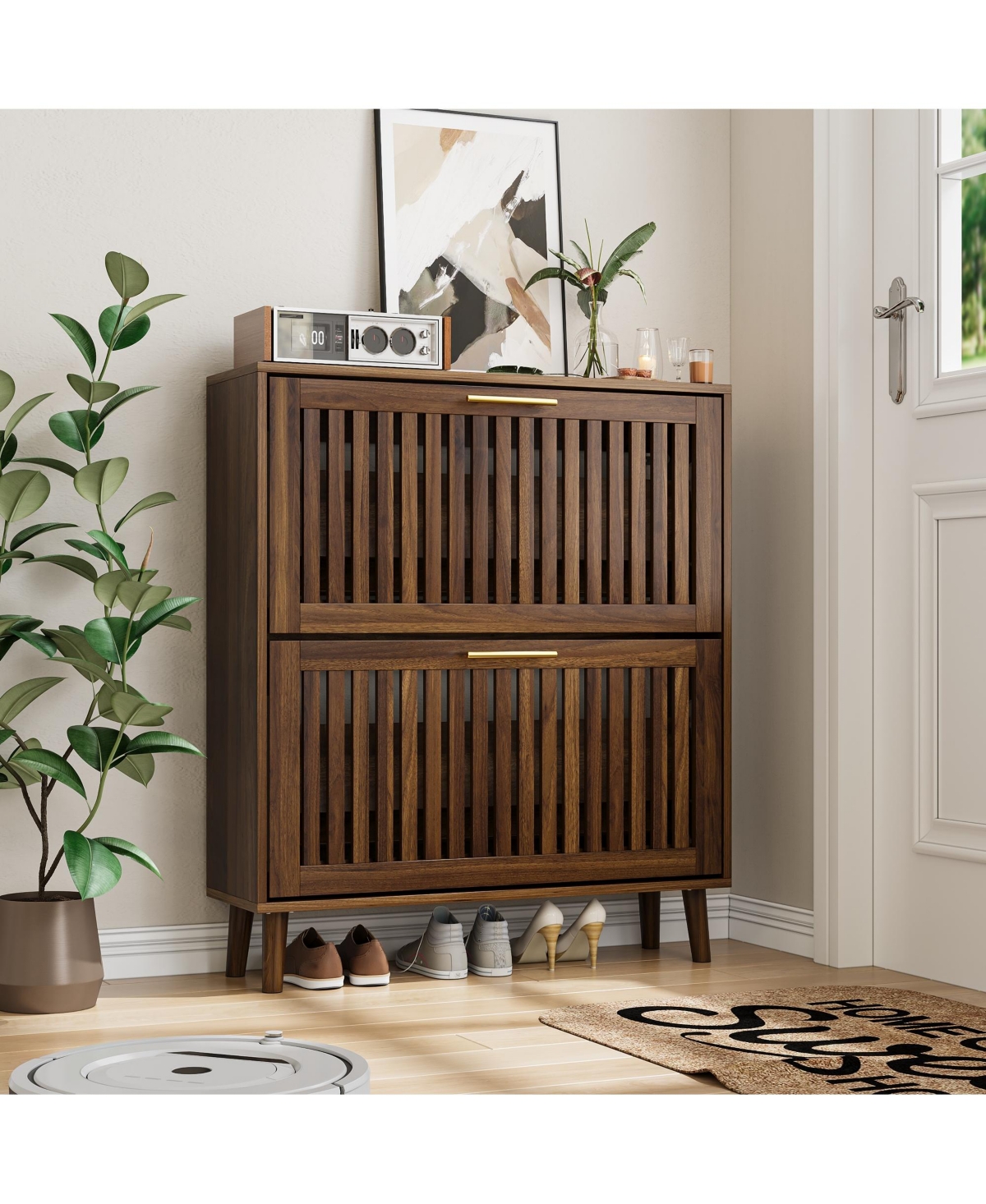Casainc Medieval Modern Walnut Shoe Storage Cabinet With 2 Flip Drawers and Fence Design