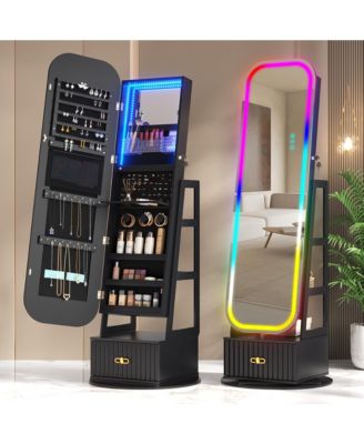 360&deg; Swivel Jewelry Cabinet with RGB Lights and Full-Length Mirror