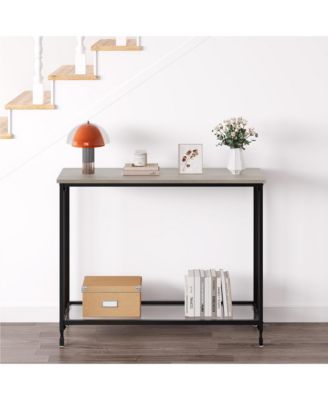 Narrow Console Table 32" Entryway Table with Glass Shelf and Metal Frame Couch Table Side Table with 2 Storage Shelves for Living Room